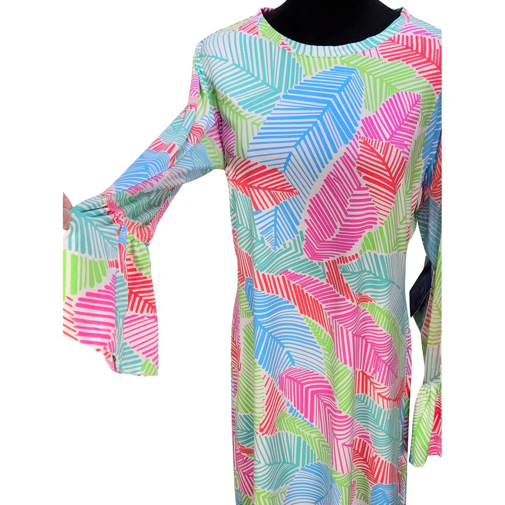 Women's IBKUL M Marley NWT Pink Multi Palm Print IceFil UPF 50 Bell Sleeve Dress